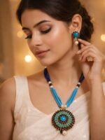 Blue Beaded Statement Necklace Set - Image 2