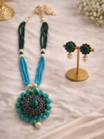 Blue Green Beaded Pendant Jewelry Set