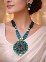 Blue Green Beaded Pendant Jewelry Set - Image 2