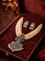 Bridal Polki Pearl Long Necklace Set - Image 3