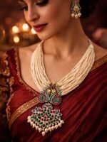 Bridal Polki Pearl Long Necklace Set - Image 2