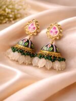 Floral Meenakari Pearl Jhumkas - Image 3