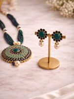 Green Blue Beaded Statement Necklace Set - Image 3