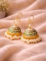 Green Kundan Meenakari Jhumkas - Image 3