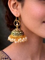 Green Kundan Meenakari Jhumkas - Image 2