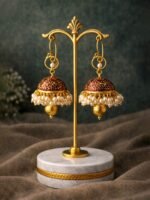 Maroon Kundan Pearl Jhumkas - Image 3