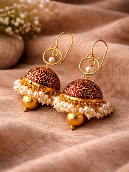 Maroon Kundan Pearl Jhumkas