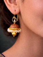 Maroon Kundan Pearl Jhumkas - Image 2
