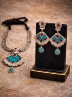 Oxidised Silver Turquoise Necklace Set - Image 3