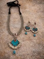 Oxidised Silver Turquoise Necklace Set - Image 4