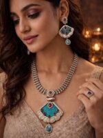 Oxidised Silver Turquoise Necklace Set - Image 2