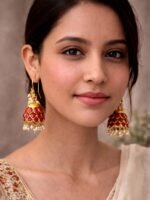 Red Pearl Drop Jhumkas - Image 2