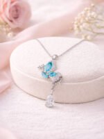 Blue Crystal Butterfly Pendant Necklace with Teardrop Charm