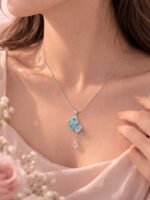 Blue Crystal Butterfly Pendant Necklace with Teardrop Charm - Image 2