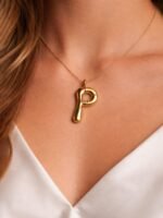 Gold P Letter Wishbone Pendant Necklace - Image 2