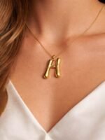 Gold H Letter Wishbone Pendant Necklace - Image 2