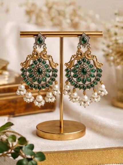Green Stone Pearl Chandbali