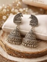Oxidised Peacock Jhumka Earrings - Image 3