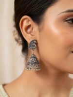 Oxidised Peacock Jhumka Earrings - Image 2