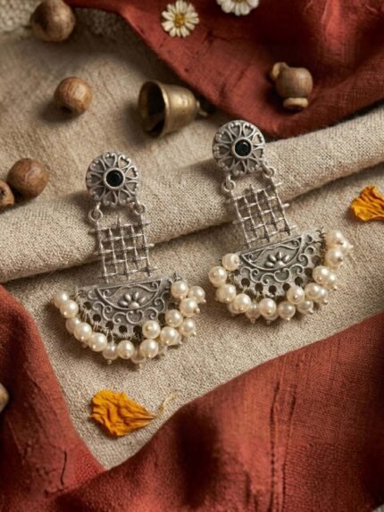 Oxidised Pearl Chandbali Earrings