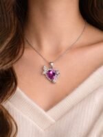 Pink Heart Crystal Pendant Necklace with Butterfly Design - Image 2