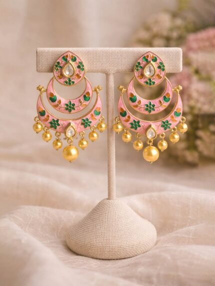 Pink Meenakari Chandbali Earrings