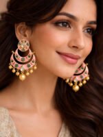 Pink Meenakari Chandbali Earrings - Image 2