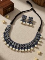 Oxidised Blue Floral Pearl Necklace Set