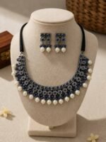 Oxidised Blue Floral Pearl Necklace Set - Image 2