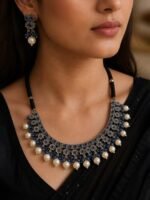 Oxidised Blue Floral Pearl Necklace Set - Image 3