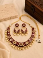Maroon Meenakari Pearl Choker Set - Image 3