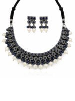 Oxidised Blue Floral Pearl Necklace Set - Image 4