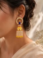 Sunflower Yellow Peacock Meenakari Pearl Jhumka Earrings - Image 2