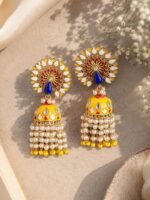 Sunflower Yellow Peacock Meenakari Pearl Jhumka Earrings - Image 3