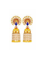 Sunflower Yellow Peacock Meenakari Pearl Jhumka Earrings - Image 4