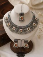 Oxidised Multicolor Mirror Choker Necklace Set with Maang Tikka
