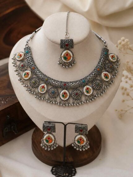 Oxidised Multicolor Mirror Choker Necklace Set with Maang Tikka