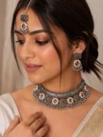 Oxidised Multicolor Mirror Choker Necklace Set with Maang Tikka - Image 2