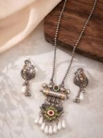 Oxidised Peacock Pearl Statement Pendant Necklace Set - Image 3