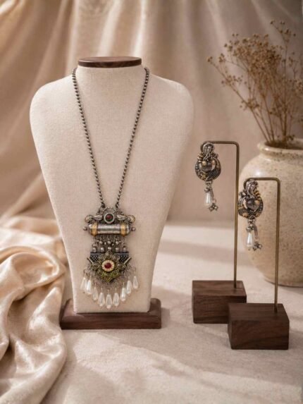 Oxidised Peacock Pearl Statement Pendant Necklace Set
