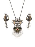 Oxidised Peacock Pearl Statement Pendant Necklace Set - Image 4