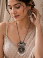 Oxidised Peacock Pearl Statement Pendant Necklace Set - Image 2