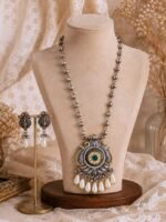 Oxidised Pearl Drop Statement Pendant Necklace Set