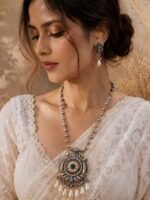 Oxidised Pearl Drop Statement Pendant Necklace Set - Image 2