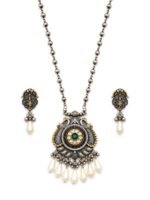 Oxidised Pearl Drop Statement Pendant Necklace Set - Image 4
