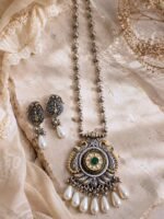 Oxidised Pearl Drop Statement Pendant Necklace Set - Image 3