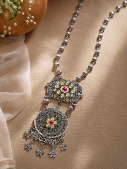 Oxidised Floral Pendant Long Necklace for Women