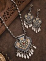 Oxidised Heart Pendant Long Necklace Set for Women