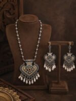 Oxidised Heart Pendant Long Necklace Set for Women - Image 3