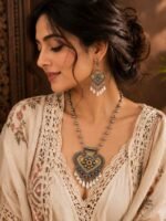 Oxidised Heart Pendant Long Necklace Set for Women - Image 2